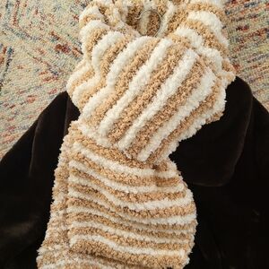 Hand Crafted oversized unisex striped tan cream chunky knit scarf 86 in × 11 in